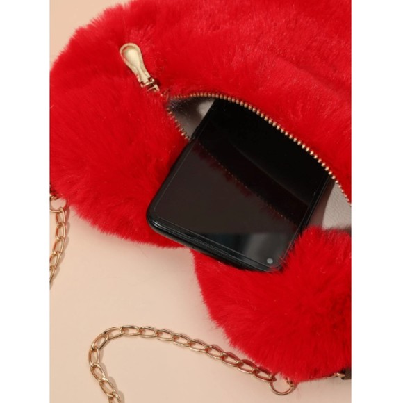 Neon Red Heart Design Fuzzy Chain Novelty Bag - Picture 3 of 5